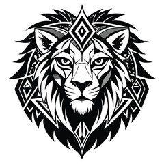 Geometric Tribal Lion Head Design Black and White Illustration