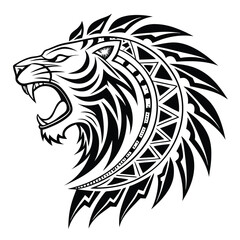 Tribal Lion Head Design Roaring Profile Black and White Tattoo Art
