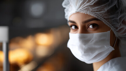 focused food science worker wearing mask and hairnet in laboratory setting