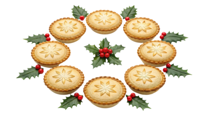 A festive arrangement of golden mince pies encircled by holly and berries, a delightful Christmas treat against a pristine white background.
