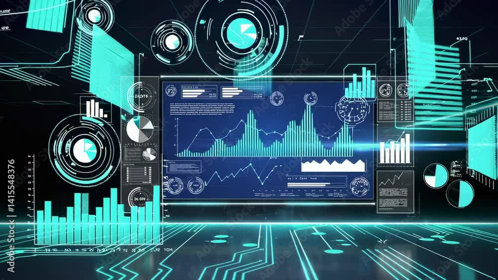 Poster Complex digital business data analysis displaying on a futuristic screen with various charts, graphs, and indicators, suggesting advanced technological processing and interpretation of information