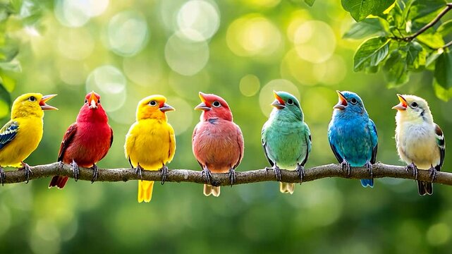 Colorful birds singing on branch