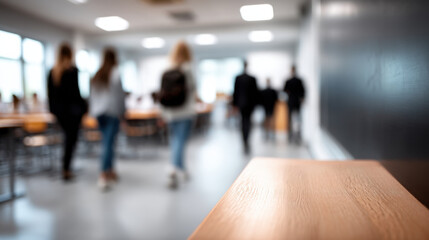 Blurred image of students walking in bright classroom, focusing on wooden desk