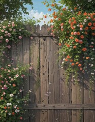 Fototapeta premium Overgrown wooden fence, climbing vines, blooming flowers, distressed wood , vintage, nature
