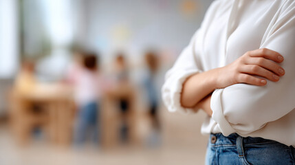 Obraz premium person stands with arms crossed in softly blurred children area, suggesting school setting