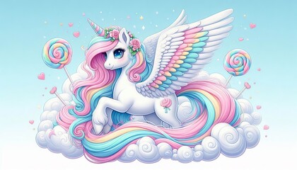 Obraz premium Candy Cloud Pegasus Pegasus with fluffy white wings filled with