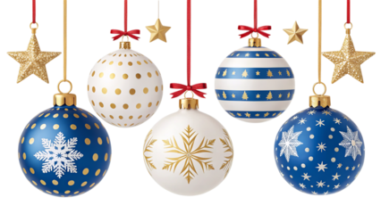Elegant navy blue and gold Christmas ornaments hanging with sparkling stars, a festive winter celebration design.
