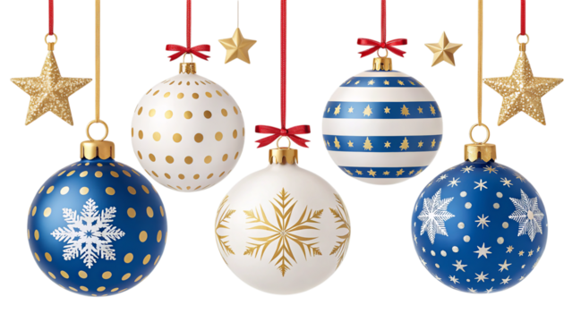 Elegant navy blue and gold Christmas ornaments hanging with sparkling stars, a festive winter celebration design.