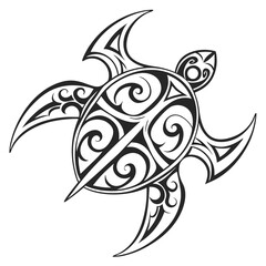 Ornate Tribal Style Turtle Design Black and White Illustration