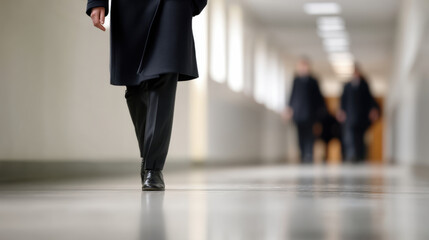 person in formal attire walks down bright, empty hallway, creating sense of calm professionalism