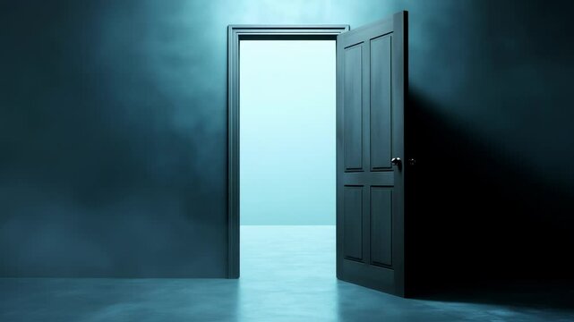 Classic wooden door partially open revealing bright light in dark, foggy space with dramatic lighting and atmospheric blue-green color palette