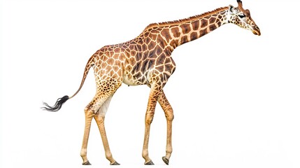 Giraffe isolated on a white background looking back over its shoulder with its tail swaying gently