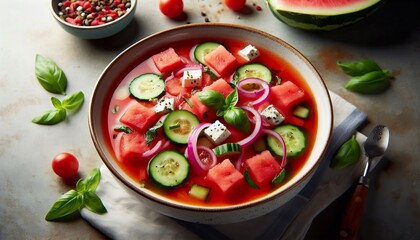 Chilled watermelon cubes cucumber slices and pickled red onion s