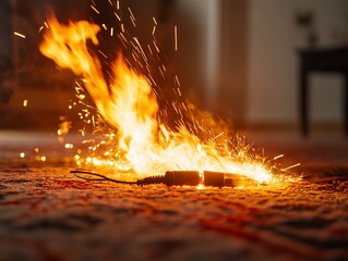 Electrical Cable Ignites Under Rug, Causing Fire Hazard Indoors