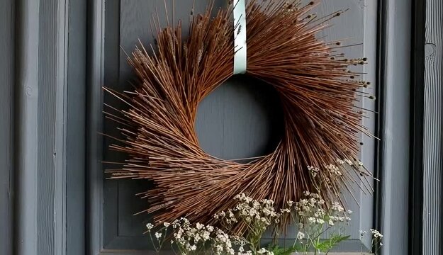 Easter wreath hanging on a vintage wooden door, gently fluttering in a spring breeze