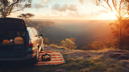 parked by a scenic overlook with a picnic setup in the trunk and a breathtaking valley view 
