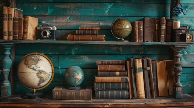 Vintage bookshelf decor display with globes and camera