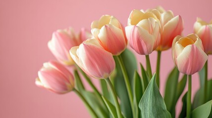 Naklejka premium Elegant Tulip Bouquet in Pink & Cream – Soft Pink Background, Feminine Spring Aesthetic