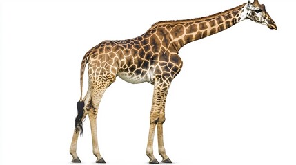Fototapeta premium Giraffe isolated on a white background its long neck gracefully reaching upward with detailed patterns on its coat