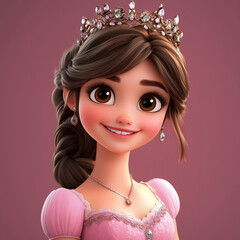 A cute cartoon princess with brown hair, a crown, and a pink dress, smiling happily.