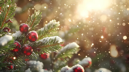 Snowy Christmas Branches With Red Berries In Sunlight