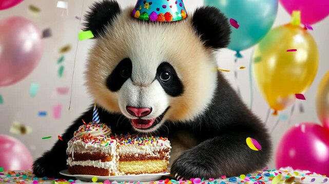 Birthday Panda: A joyful panda, donning a festive party hat, sits before a birthday cake, the scene adorned with colorful balloons and confetti, capturing the essence of joyous celebration and fun.