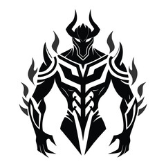 Powerful Black and White Demon Warrior with Flaming Horns and Tribal Design