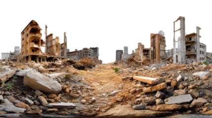 Devastated Cityscape: A panoramic view of a ruined city, its buildings reduced to rubble, conveying a sense of loss and destruction after conflict.