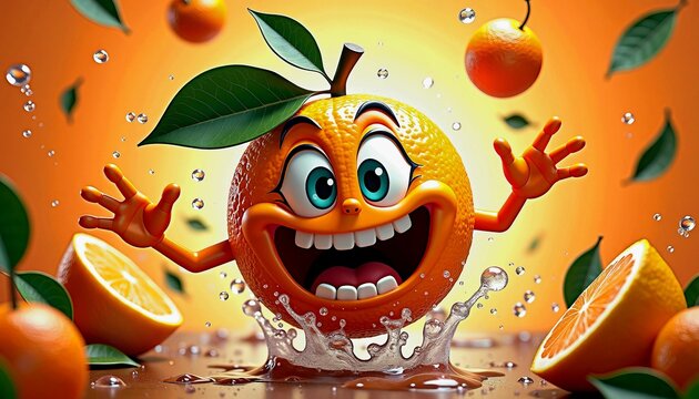 Funny Orange Character Splashing in Water with Dynamic Fruit Expression