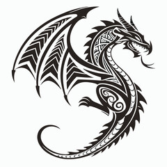 Tribal Style Dragon Design Black and White Vector Illustration