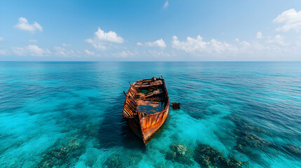 Rusty Boat Wreckage In Turquoise Ocean Water