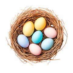Easter Nest and Eggs: A close-up shot of a rustic nest, filled with colorful, pastel-colored eggs, evokes feelings of springtime, renewal, and Easter celebrations.