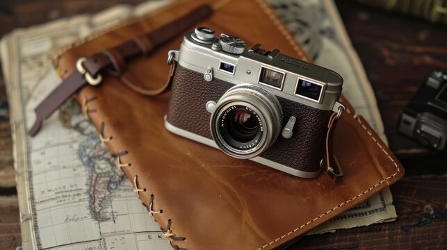 Vintage camera on leather journal with maps