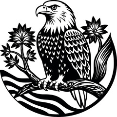 Bald Eagle Perched on Tree Branch with US Flag – Independence Day Vector Scene

