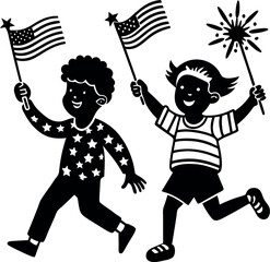 Cartoon Kids Running with Sparklers and American Flag – Fun Independence Day Vector