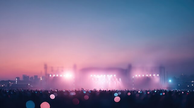 capture vibrant summer festival scene featuring small crowd enjoying live music illuminated by colorful stage lights
