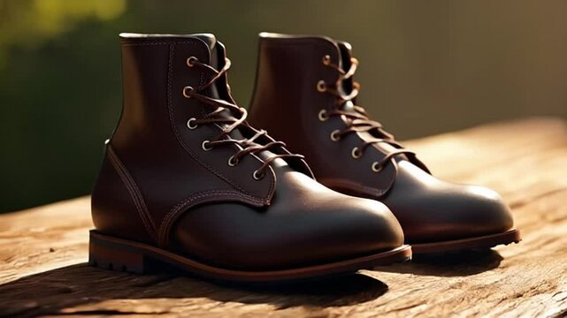 Leather Work Boots: Rustic Charm on Weathered Wood, Outdoor Focus.