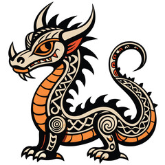 Stylized Tribal Dragon Illustration with Intricate Ornamentation
