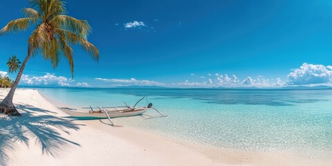 Tropical Beach Banner with White Sand, Coco Palms, and Clear Ocean View. Amazing Landscape for Travel and Tourism Concept, Wide Panorama, Copy Space