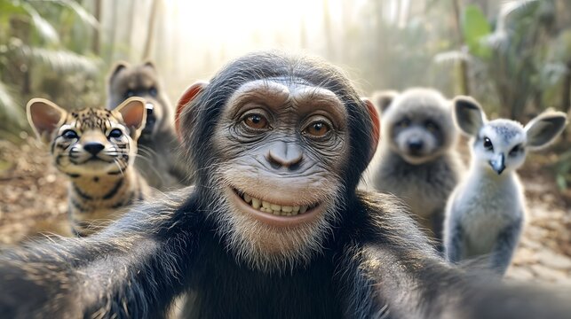 A chimpanzee grins excitedly as it takes a selfie style photograph with a group of other curious jungle animals behind it showcasing the biodiversity and wonder of the natural world