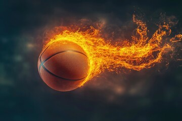 Fototapeta premium A dynamic basketball in motion with fiery trails, set against a dark, dramatic background