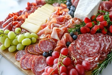 Charcuterie board featuring various meats cheeses fruits and other snacks.