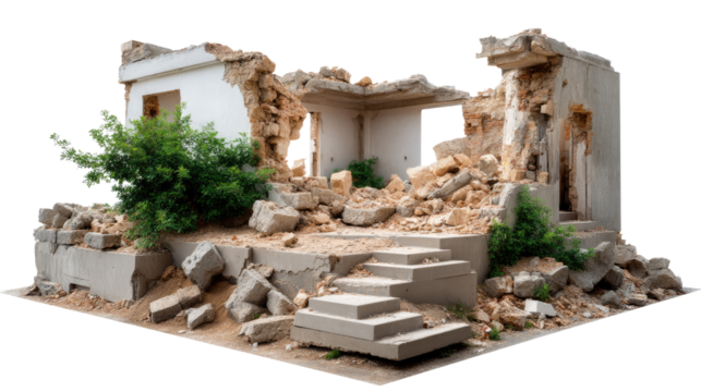 Ruined Structure Amidst Debris: Witness the haunting remnants of a building, now a shattered shell of its former self, its walls collapsed and surrounded by a scattered landscape of debris and rubble.