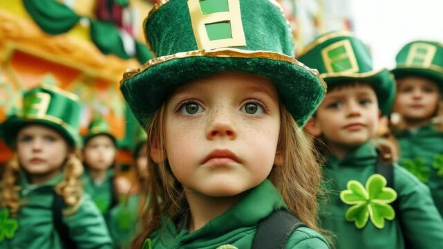 Children in leprechaun outfits marching down a street during St Patrick's Day parade. Green hats and costumes are the theme