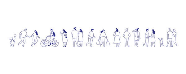 Horizontal narrow vector set of city people. Hand drawn men and women in line art style, perfect for website headers, advertising banners, and modern infographic layouts.