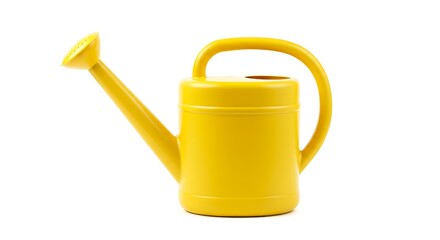 Bright yellow plastic watering can with sprinkler head for gardening, isolated on a clean white background.