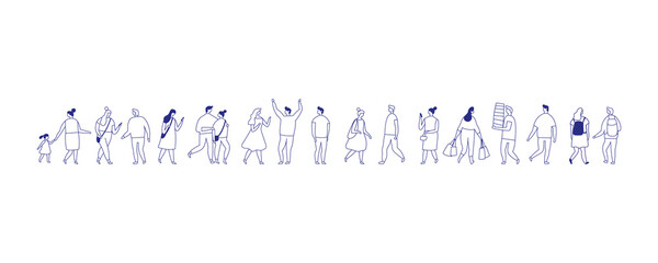 Panoramic line art crowd of city people. Hand drawn vector set of men and women in urban lifestyle poses, ideal for website banners, presentations, infographics, and editorial design