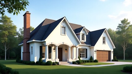 Realistic residential house with chimney, white facade, and clean architectural design and lines