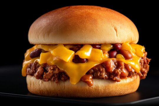 A close-up of a mouth-watering chili cheese burger, ready to be devoured.