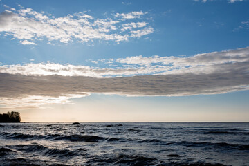 Calm sea under a partly cloudy sky at dawn or dusk with a silhouette of trees on the horizon.